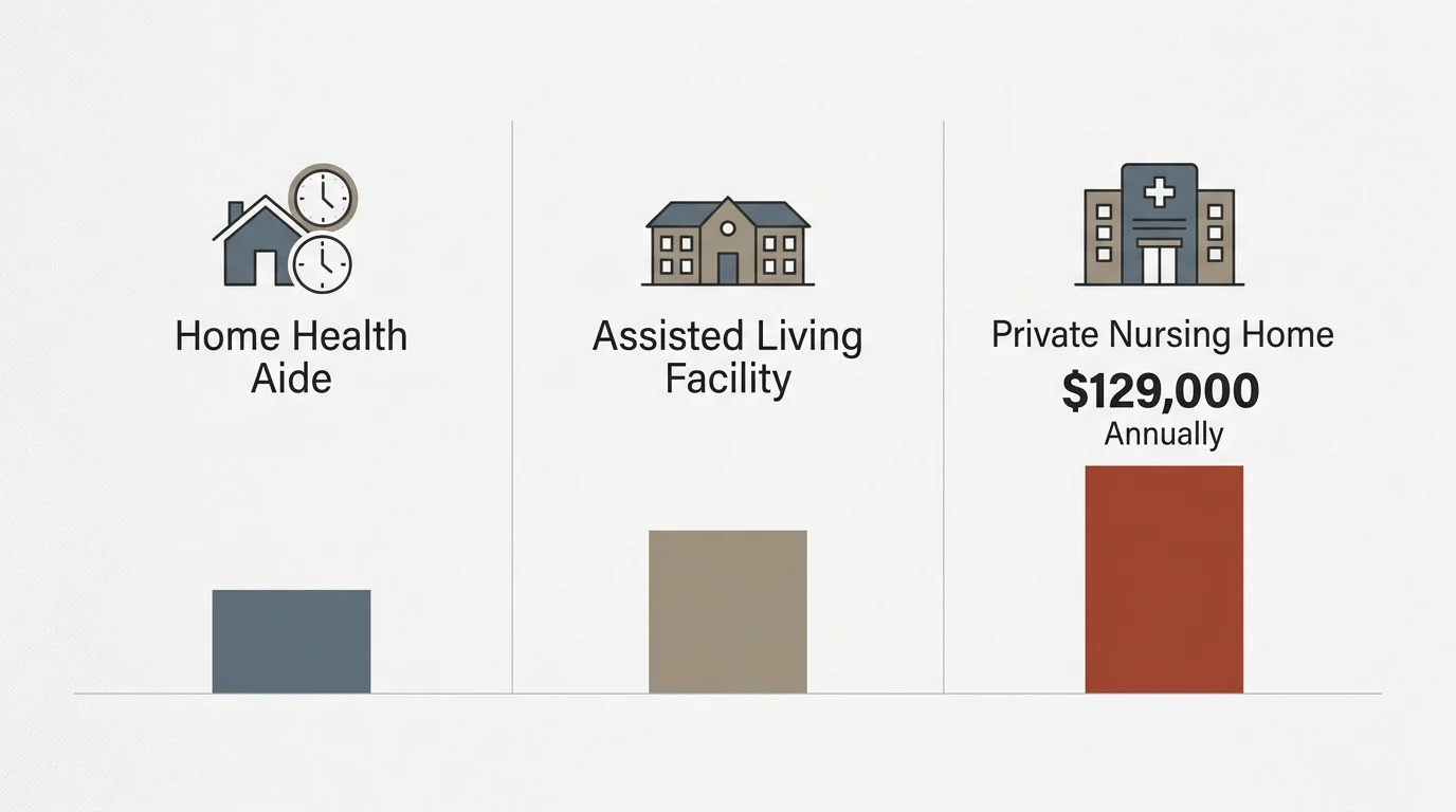 An infographic comparing costs of different long-term care options, highlighting the highest cost of a private nursing home at $129,000.
