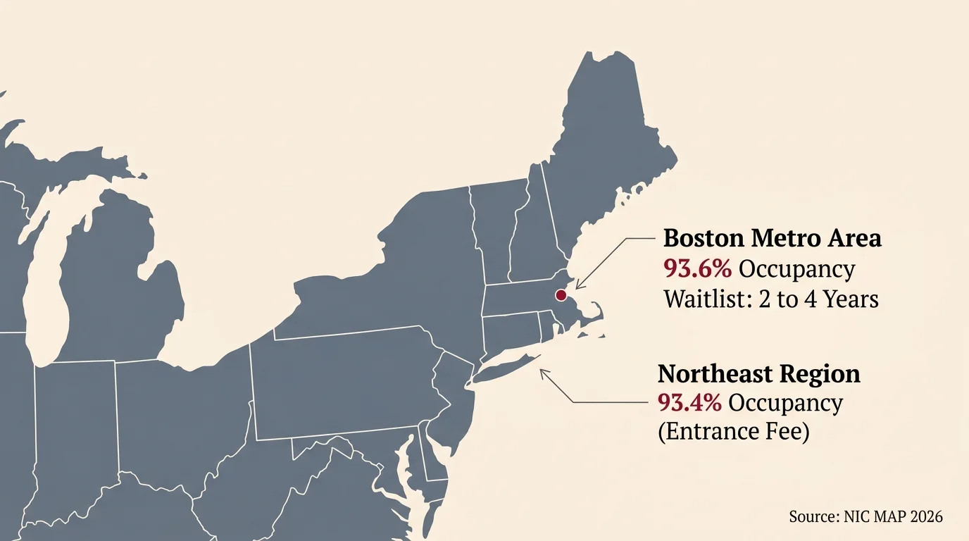 An infographic map of the Northeast US highlighting Boston Metro Area at 93.6% occupancy and 2-4 year waitlists.