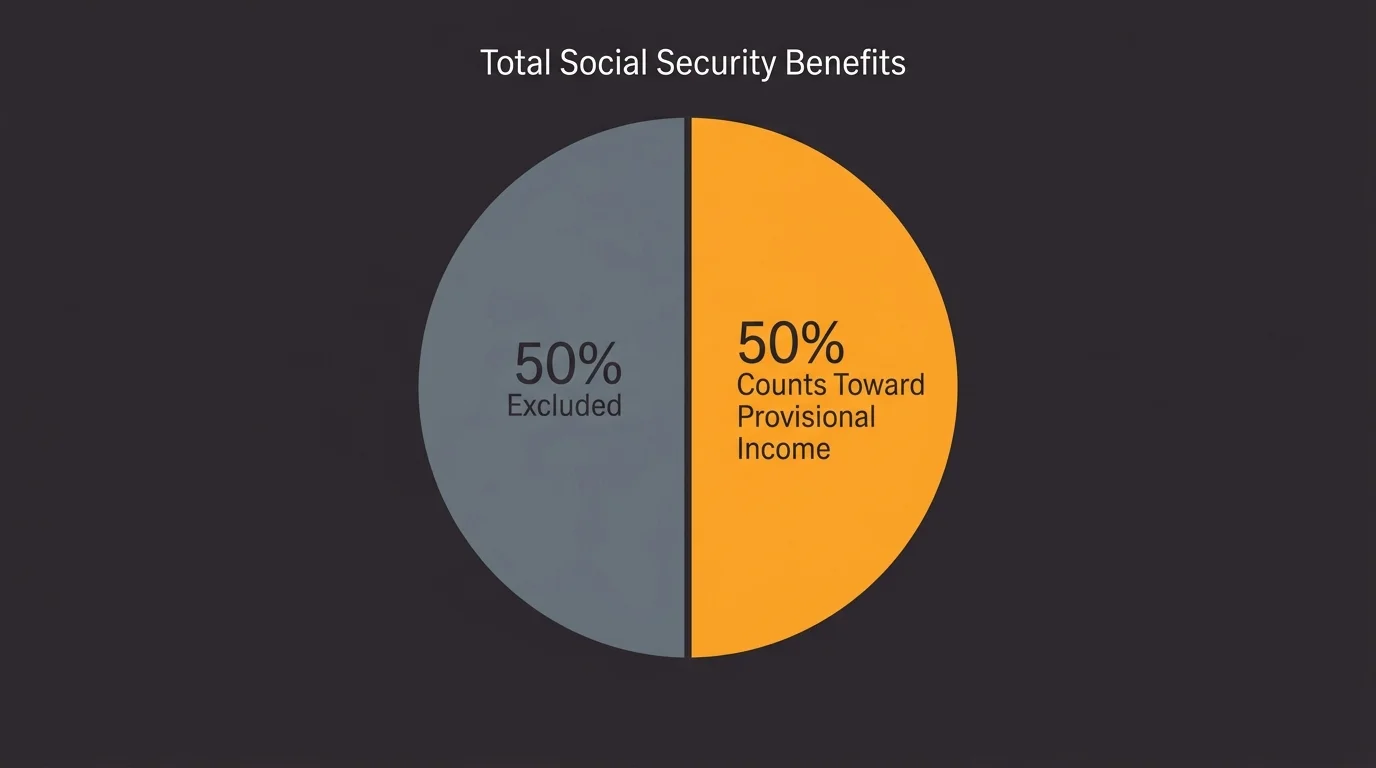 An infographic showing a circle representing Social Security benefits split in half, with one half highlighted as counting toward taxes.