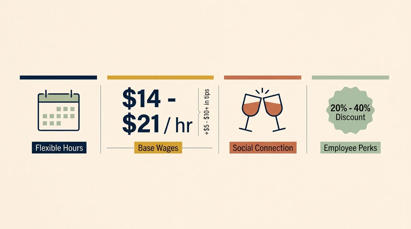 An infographic showing winery and brewery job benefits including flexible hours, earnings of $14 to $21 per hour plus tips, and employee dis