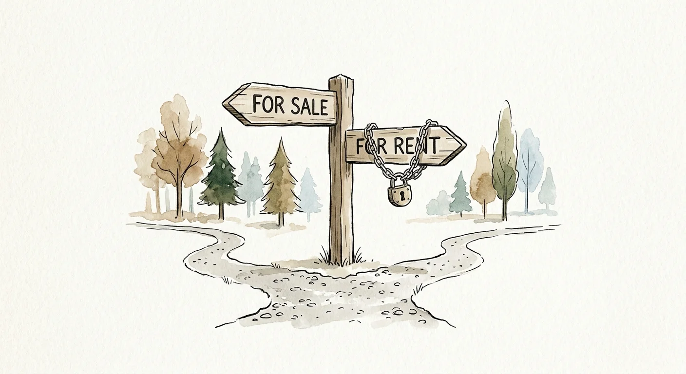 An ink and watercolor drawing of a fork in a path with a For Sale sign and a locked For Rent sign.