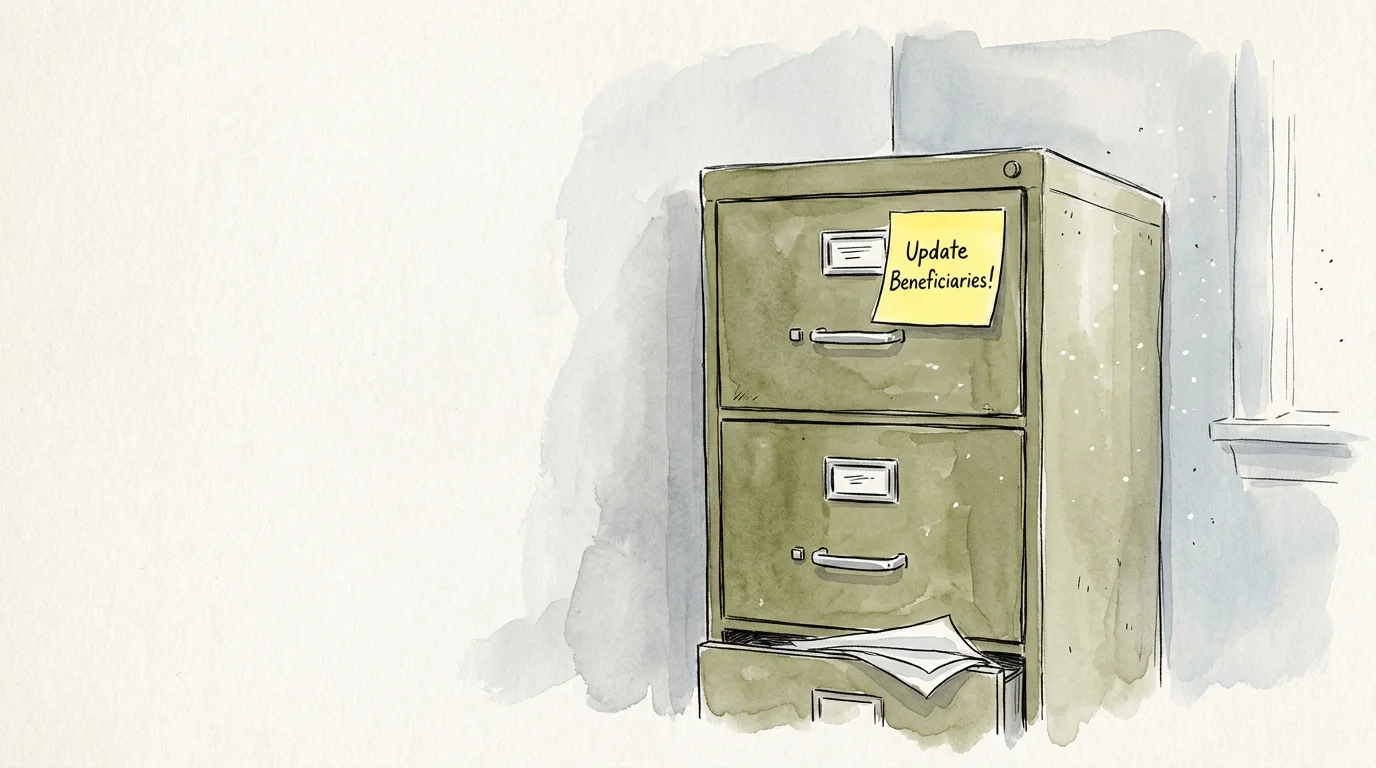 An ink and watercolor drawing of an old green filing cabinet with a bright yellow sticky note that reads Update Beneficiaries.