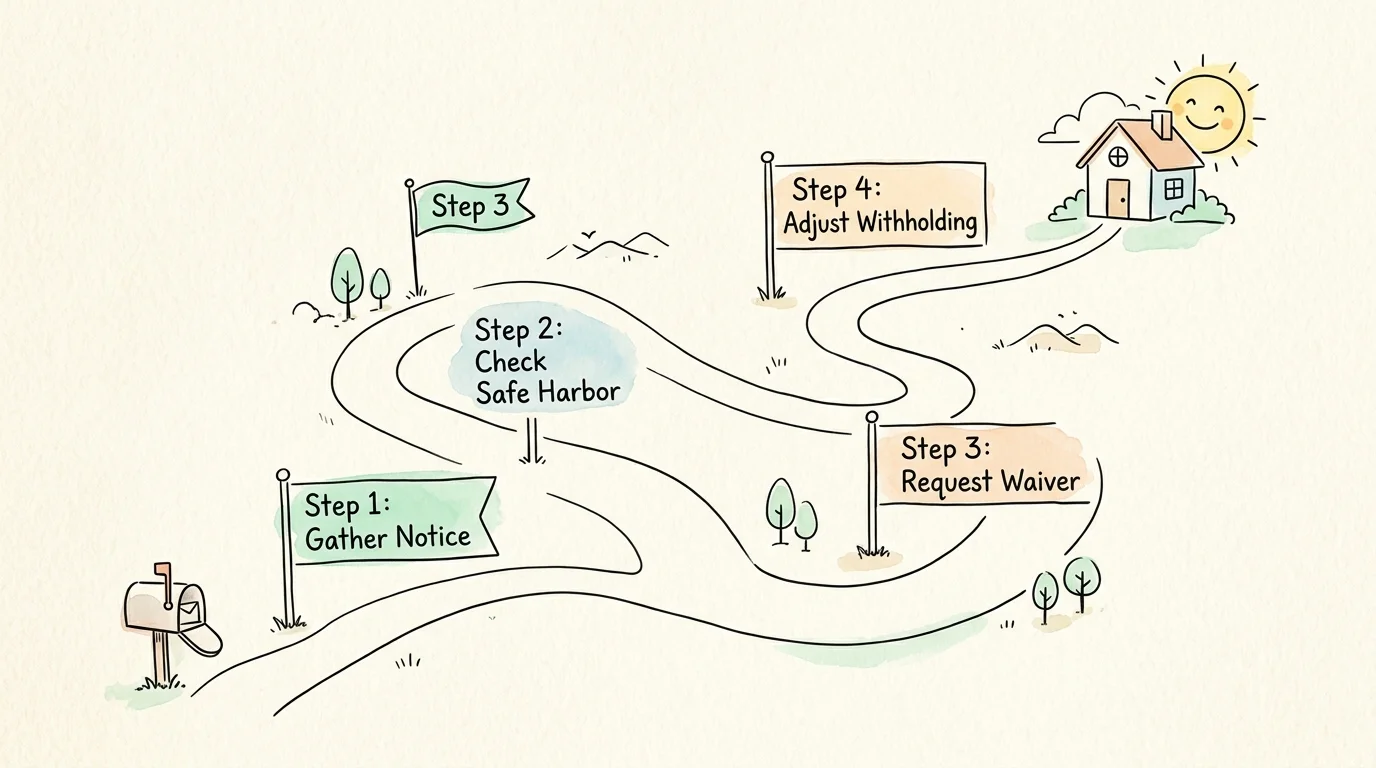 An ink and watercolor illustrated path winding through four steps from gathering the notice to adjusting withholding.