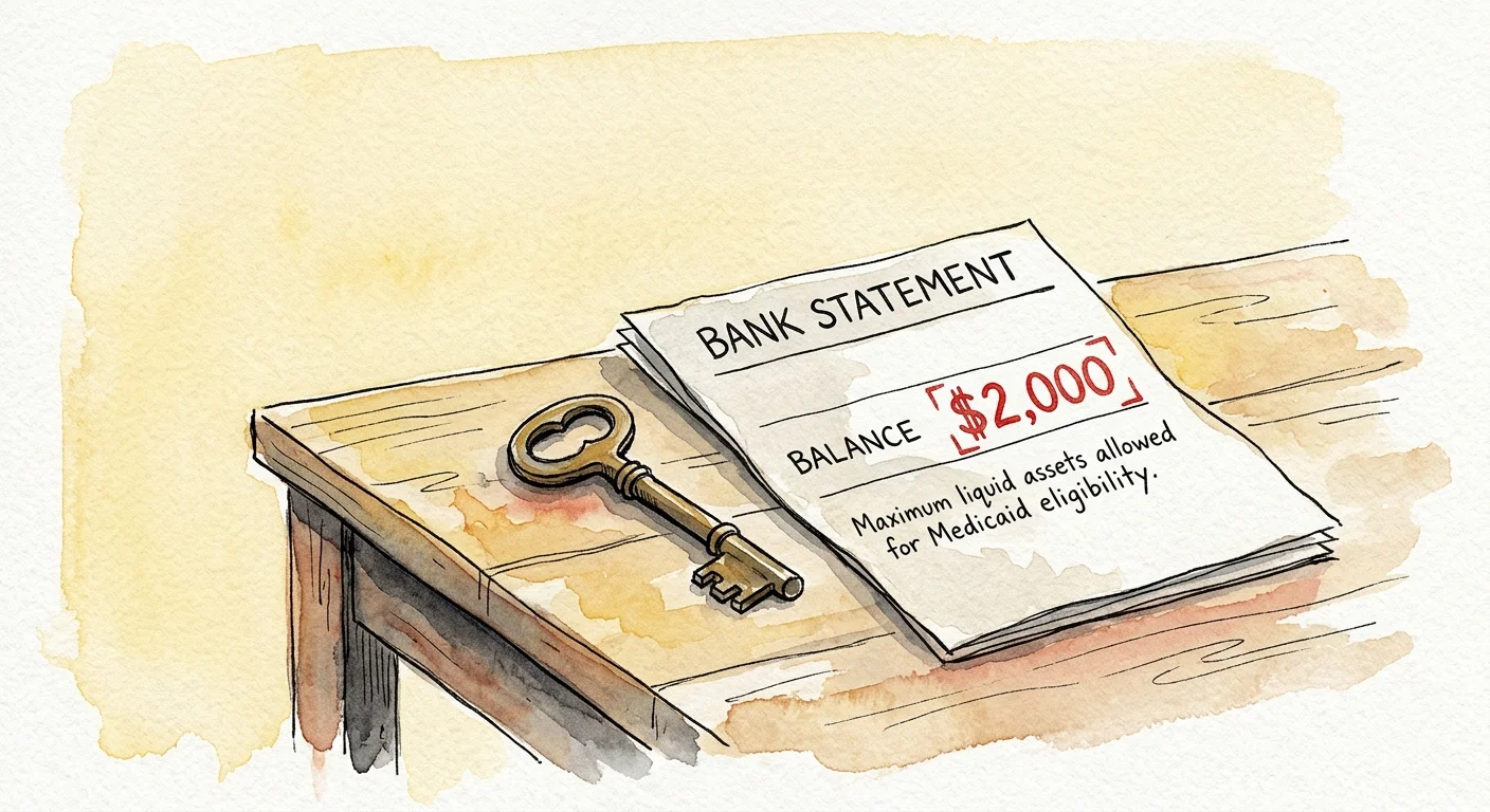 An ink and watercolor illustration of a bank statement showing a two-thousand dollar balance next to a house key, symbolizing asset limits.