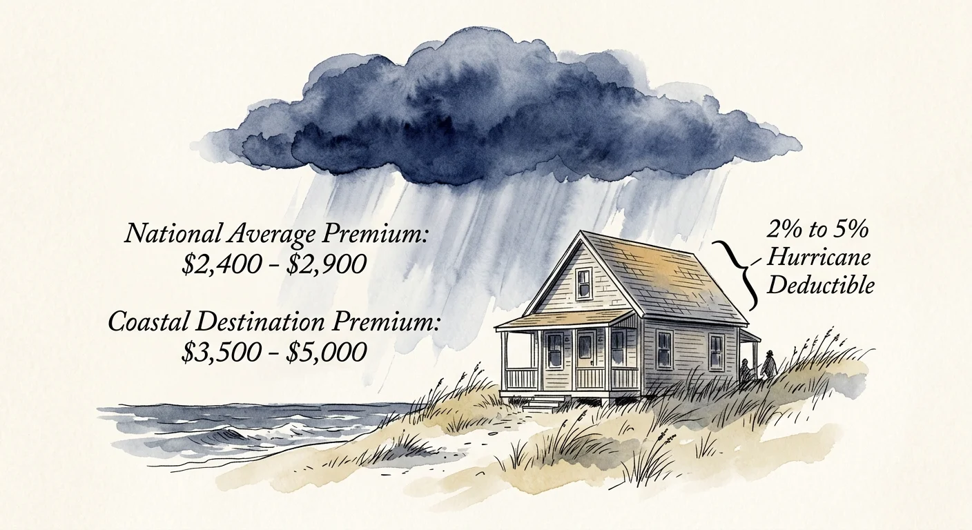An ink and watercolor illustration of a coastal home under a storm cloud, with insurance premium cost callouts.