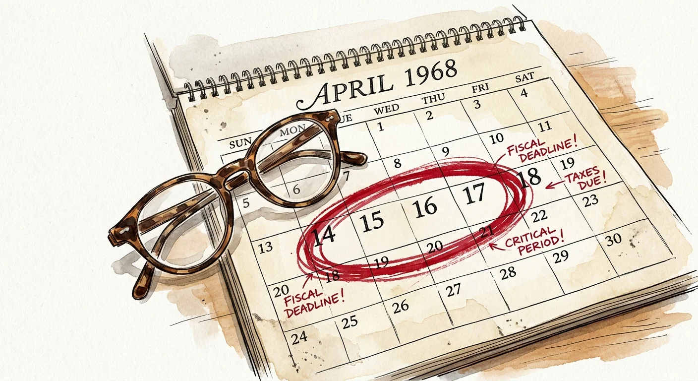 An ink and watercolor illustration of a desk calendar with a date range circled in red, and reading glasses resting on the page.