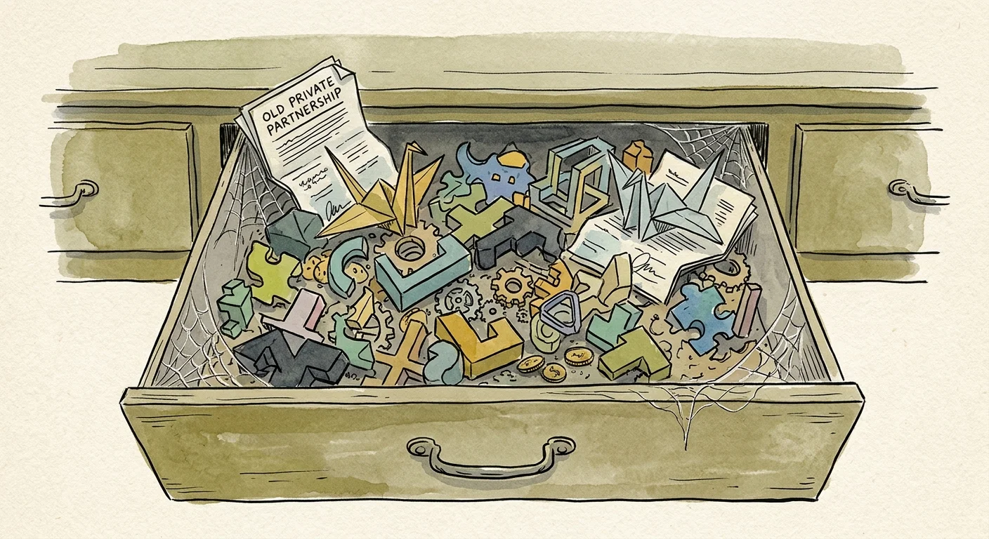 An ink and watercolor illustration of a drawer filled with dusty, neglected puzzle pieces representing forgotten investments.