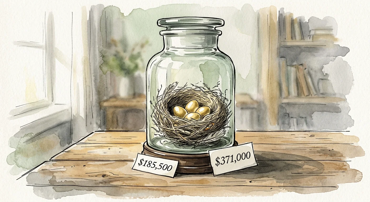 An ink and watercolor illustration of a glass medical jar containing a nest egg, with labels showing healthcare cost estimates.