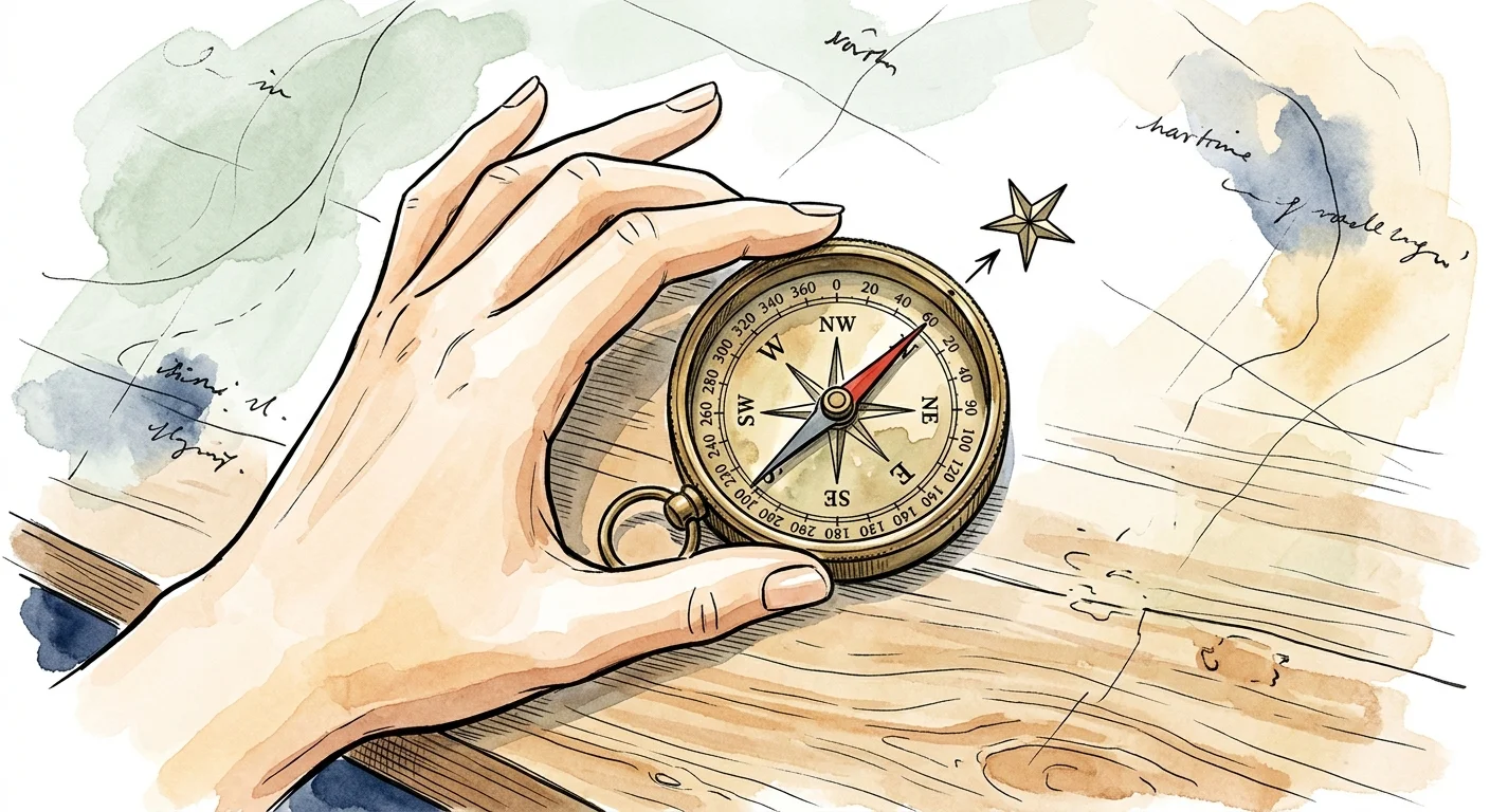 An ink and watercolor illustration of a hand adjusting a brass compass dial on a wooden table with faded map details.