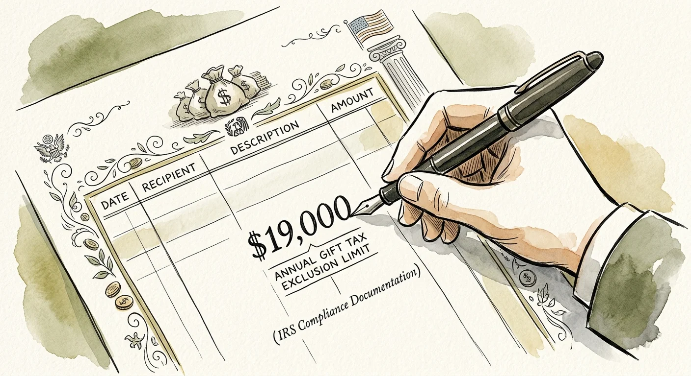 An ink and watercolor illustration of a hand writing the number nineteen thousand dollars in a vintage ledger book.