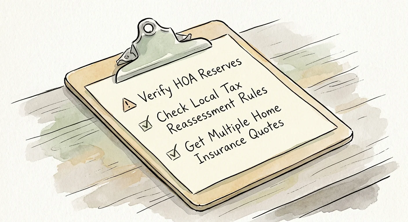 An ink and watercolor illustration of a homebuyer checklist showing critical steps to verify before purchasing.