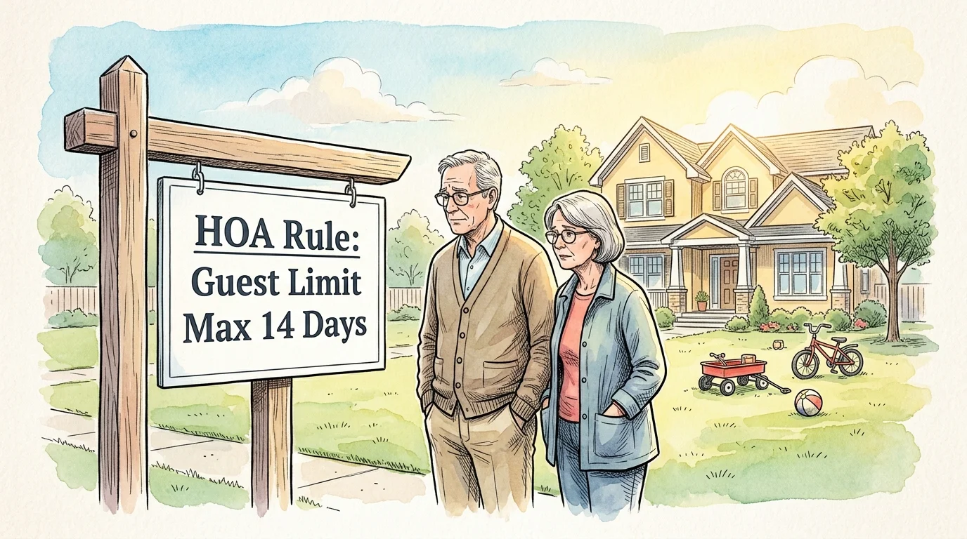 An ink and watercolor illustration of a house with a sign reading 'HOA Rule: Guest Limit Max 14 Days' as grandparents look on.