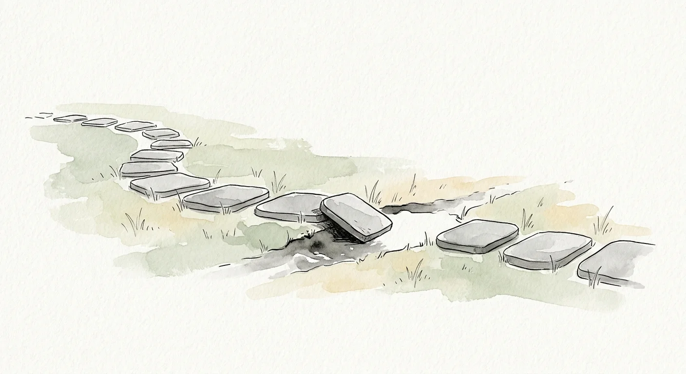 An ink and watercolor illustration of a path of stepping stones with a sudden gap, symbolizing unexpected retirement planning missteps.