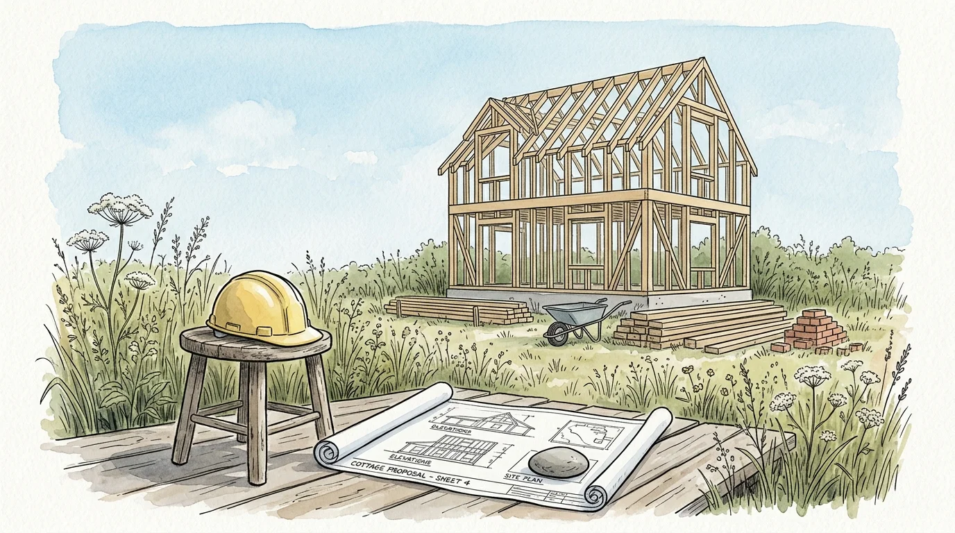 An ink and watercolor illustration of a quiet, unfinished timber-frame cottage construction site with a yellow hard hat on a stool.