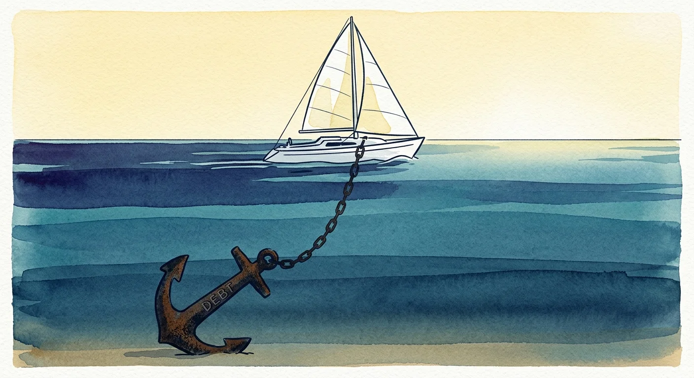 An ink and watercolor illustration of a sailboat held back by a heavy anchor labeled DEBT, representing financial burdens in retirement.