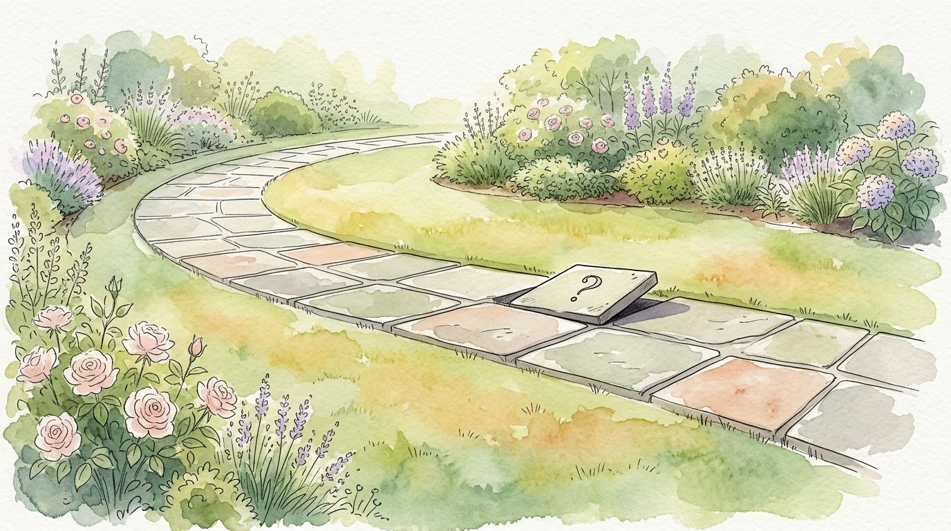 An ink and watercolor illustration of a winding garden path with one flagstone slightly tilted, featuring a subtle question mark.