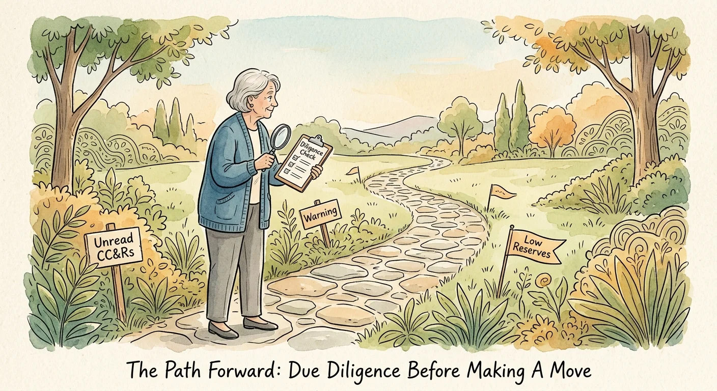 An ink and watercolor illustration of a woman examining a path with warning flags like 'Unread CC&Rs' and 'Low Reserves'.