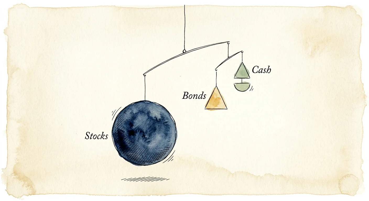 An ink and watercolor illustration of an off-balance mobile, representing a portfolio that has drifted too heavily into stocks.