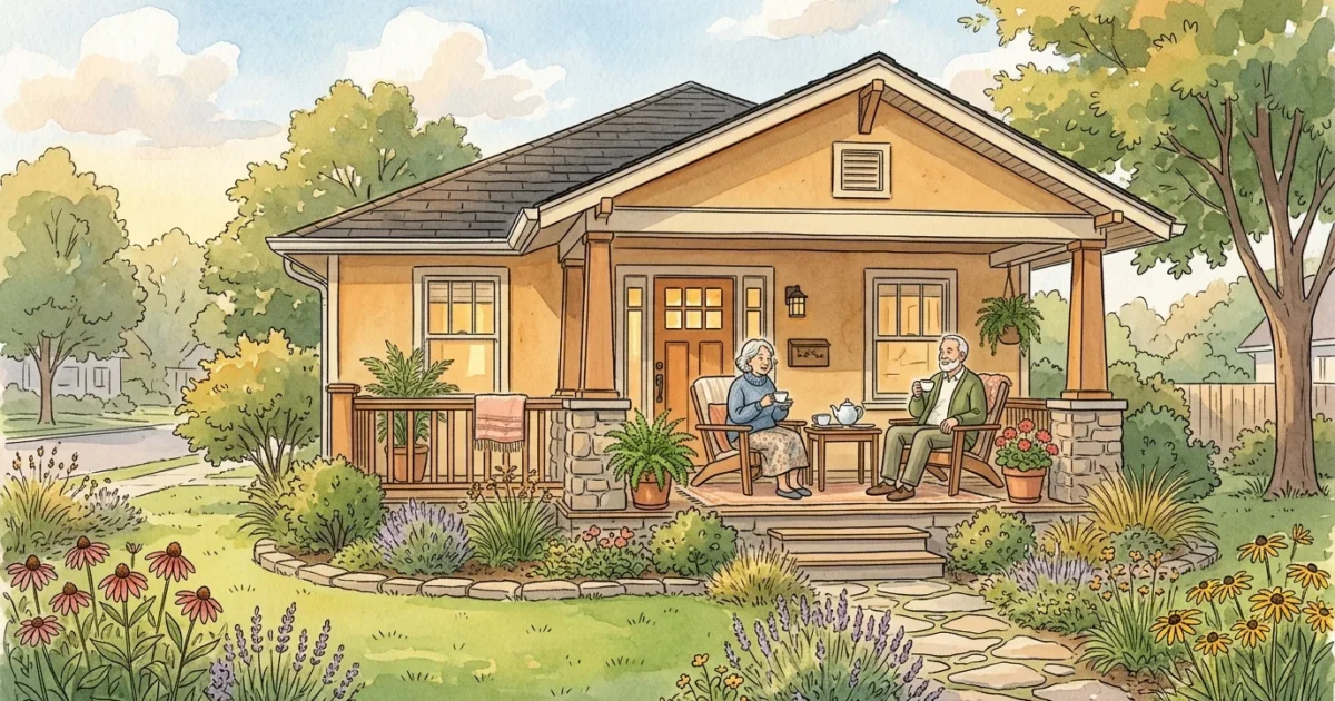 An ink and watercolor illustration of an older couple relaxing on the porch of a beautiful, low-maintenance single-story home.