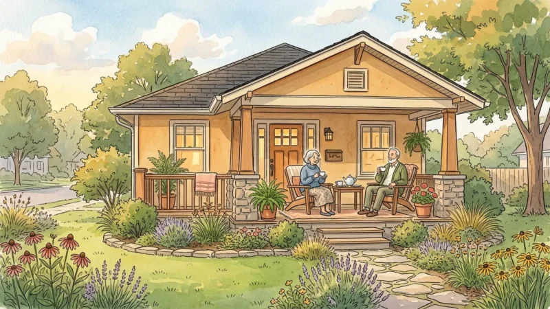 An ink and watercolor illustration of an older couple relaxing on the porch of a beautiful, low-maintenance single-story home.