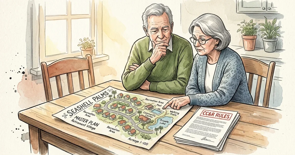 An ink and watercolor illustration of an older couple reviewing a neighborhood map and a strict rule document at their kitchen table.
