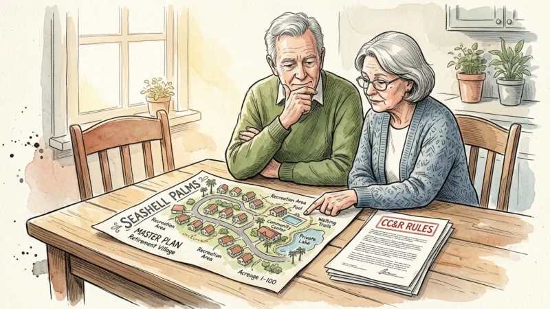 An ink and watercolor illustration of an older couple reviewing a neighborhood map and a strict rule document at their kitchen table.