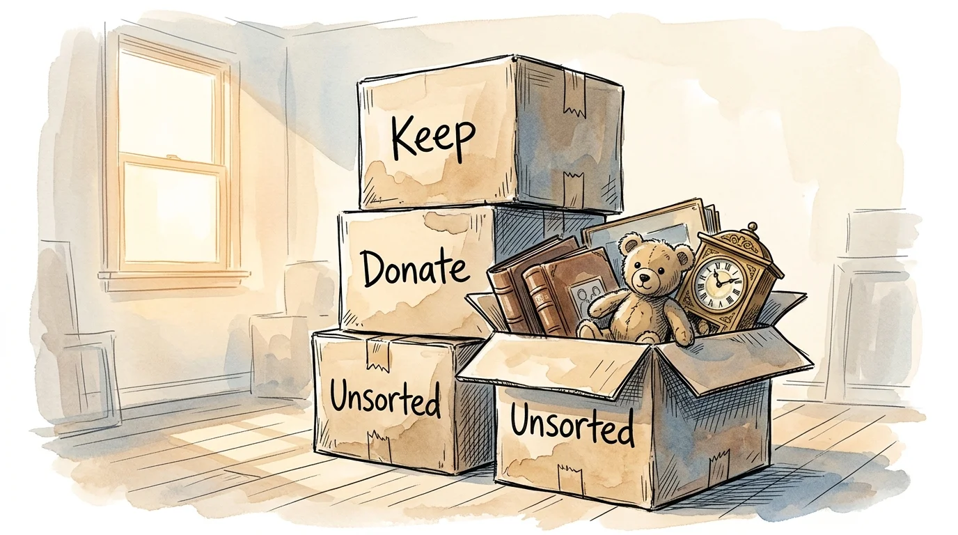 An ink and watercolor illustration of cardboard boxes labeled Keep and Donate overflowing with nostalgic family items.