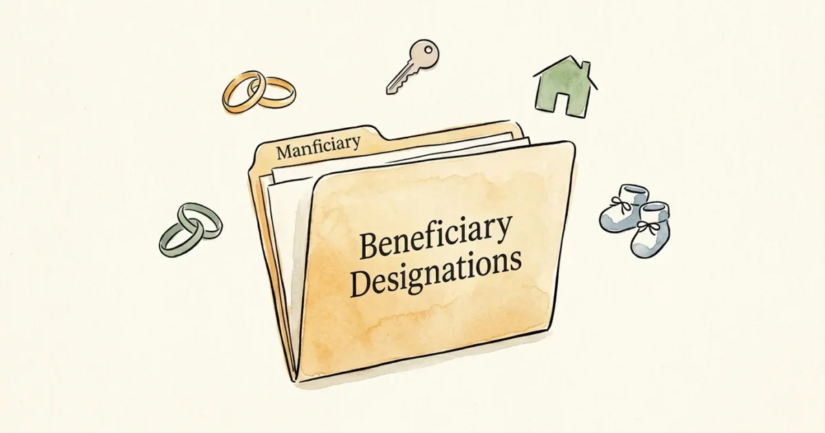 An ink and watercolor illustration of life milestones like wedding rings and a house key surrounding a folder labeled Beneficiary Designatio