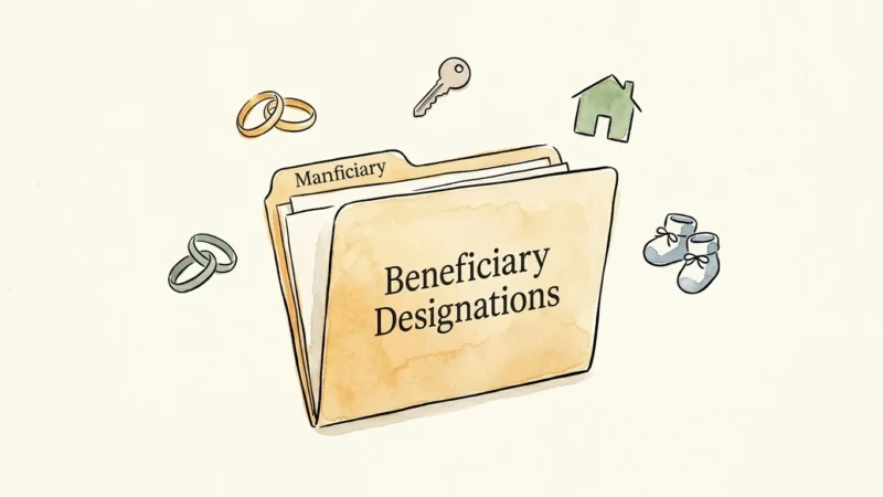 An ink and watercolor illustration of life milestones like wedding rings and a house key surrounding a folder labeled Beneficiary Designatio