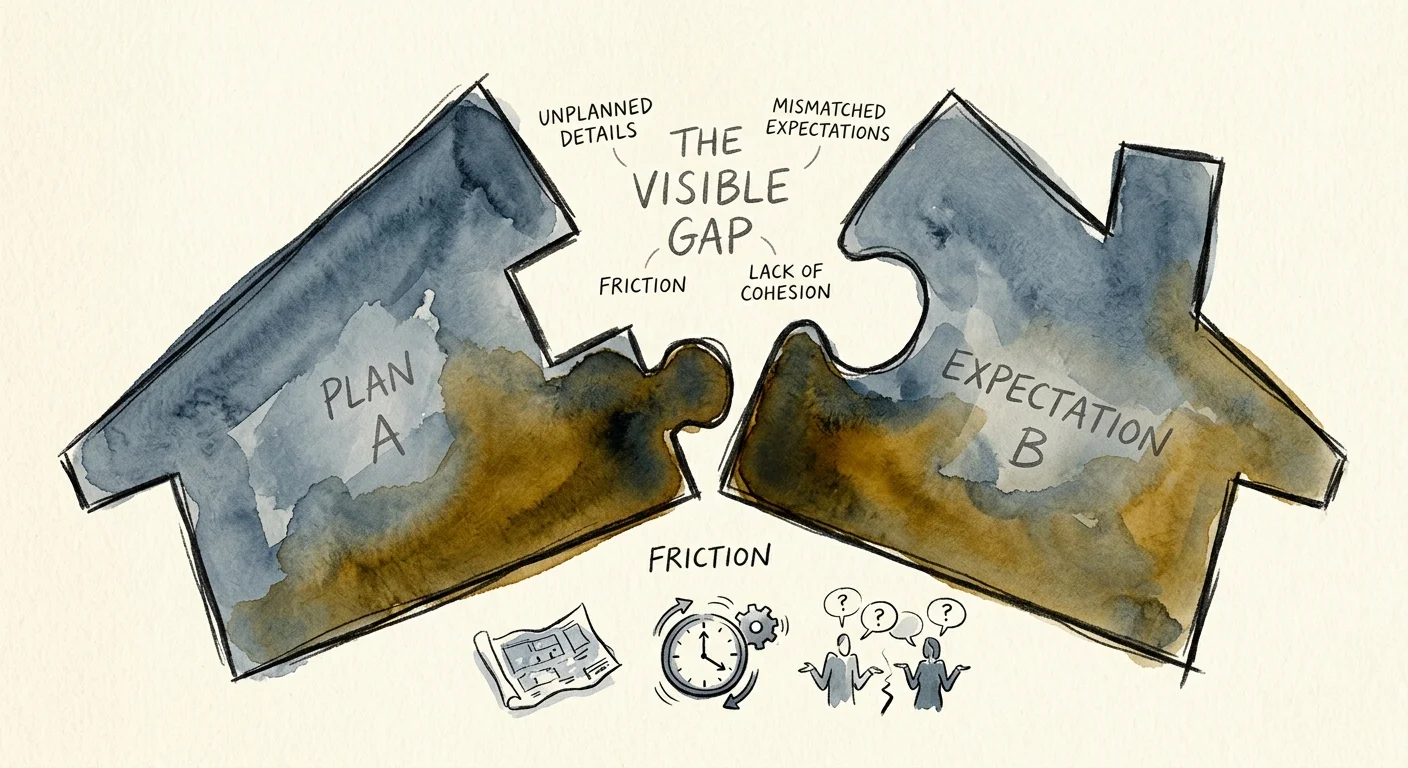 An ink and watercolor illustration of two mismatched puzzle pieces of a house roof, symbolizing planning gaps.