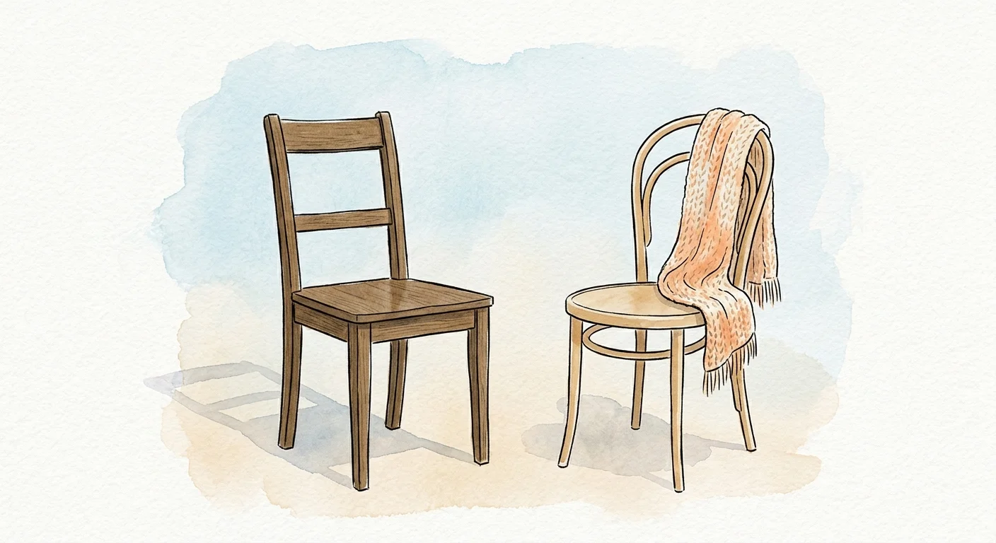An ink and watercolor illustration of two wooden chairs, one empty and the other with a warm knit shawl draped over it.