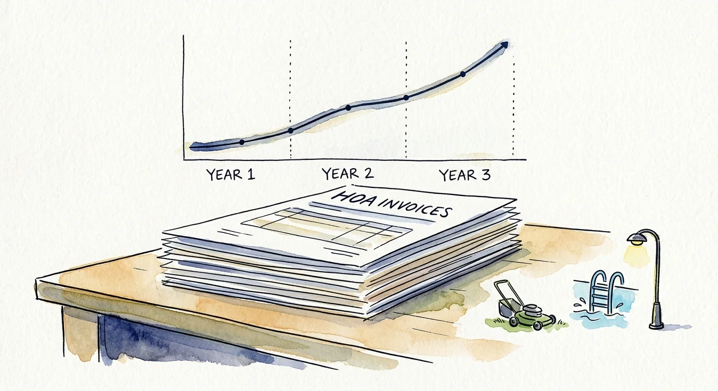 An ink and watercolor illustration showing a stack of HOA invoices with a rising trend line and maintenance icons.