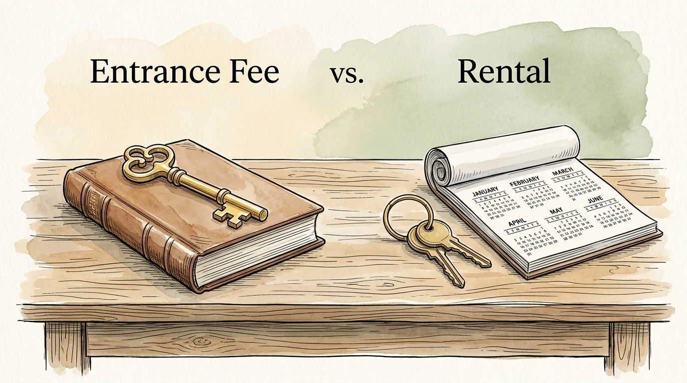An ink and watercolor illustration showing an ornate key on a ledger next to a basic key ring and calendar on a wooden desk.
