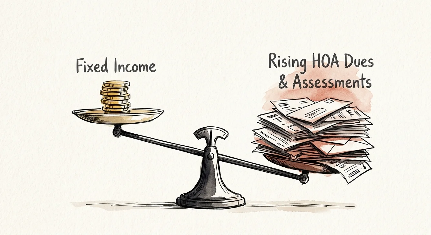 An ink and watercolor sketch of a balance scale tipped downward by a heavy stack of papers labeled 'Rising HOA Dues & Assessments'.