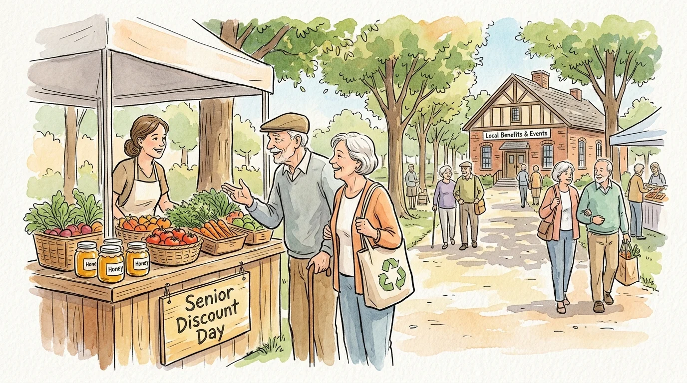 An ink and watercolor sketch of older adults enjoying an outdoor farmer's market featuring a senior discount sign.