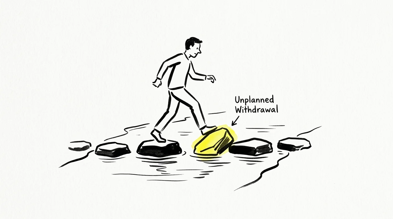 An ink drawing of a person crossing a stream on stepping stones, with one loose stone labeled 'Unplanned Withdrawal'.