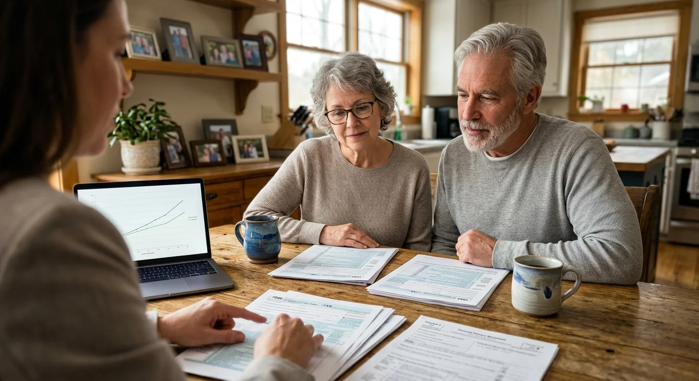 An older couple at their kitchen table discussing financial paperwork and charts with an advisor, captured in natural light.