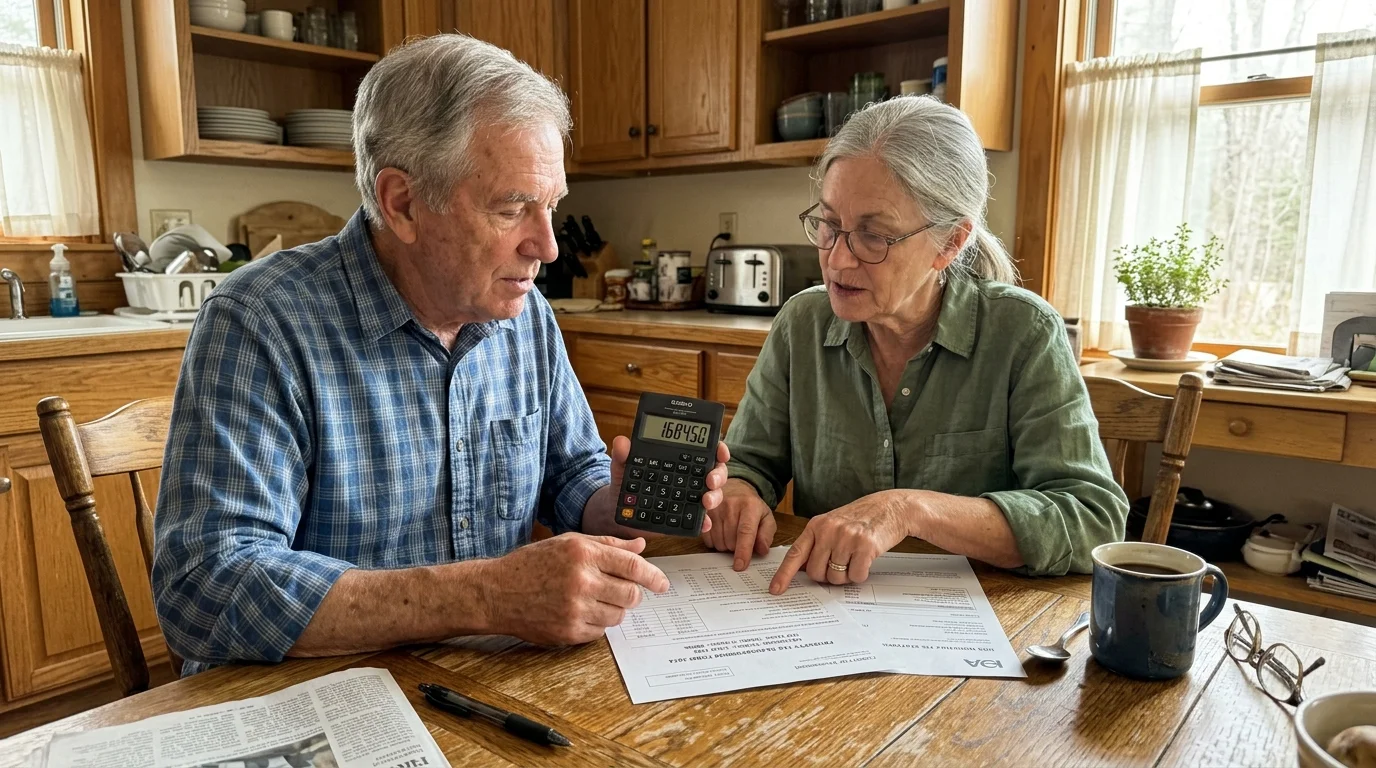 An older couple at their kitchen table reviewing property tax reassessments and homeowner association documents.