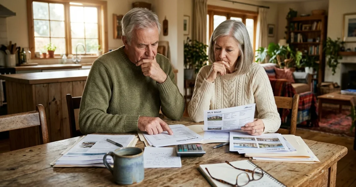 An older couple at their kitchen table thoughtfully reviewing home purchase paperwork in soft morning light.
