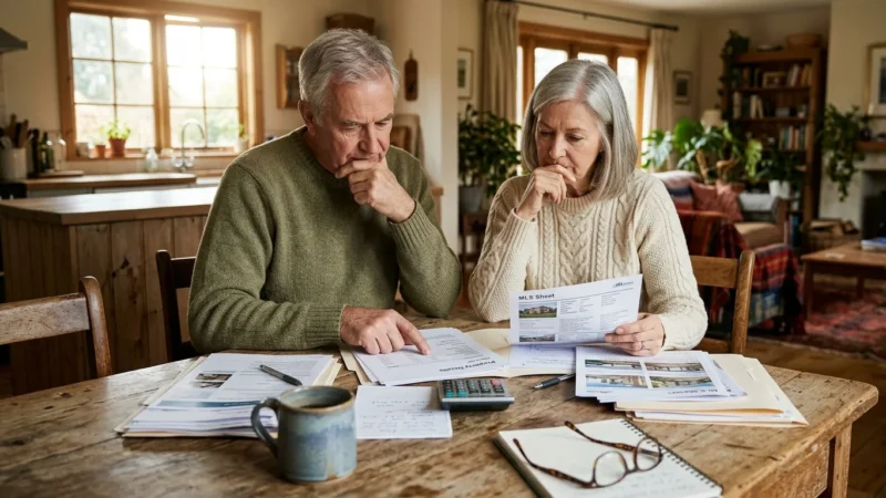 An older couple at their kitchen table thoughtfully reviewing home purchase paperwork in soft morning light.