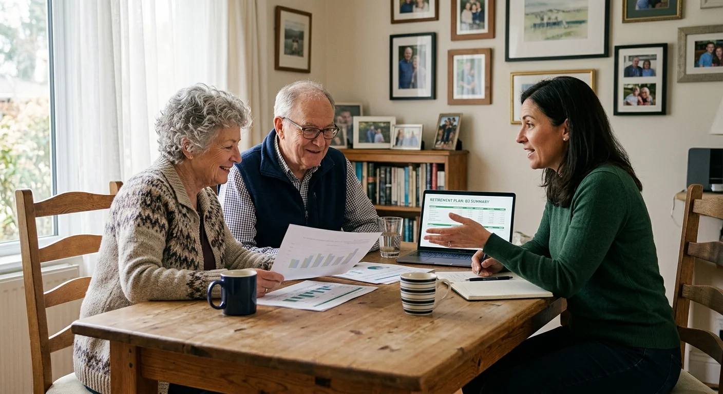 An older couple consulting with a financial advisor at their dining room table in a warm, natural home setting.