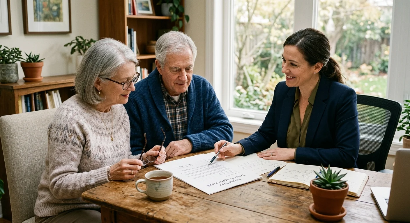 An older couple consulting with a professional estate planner in a warm, sunlit office, reviewing documents together.