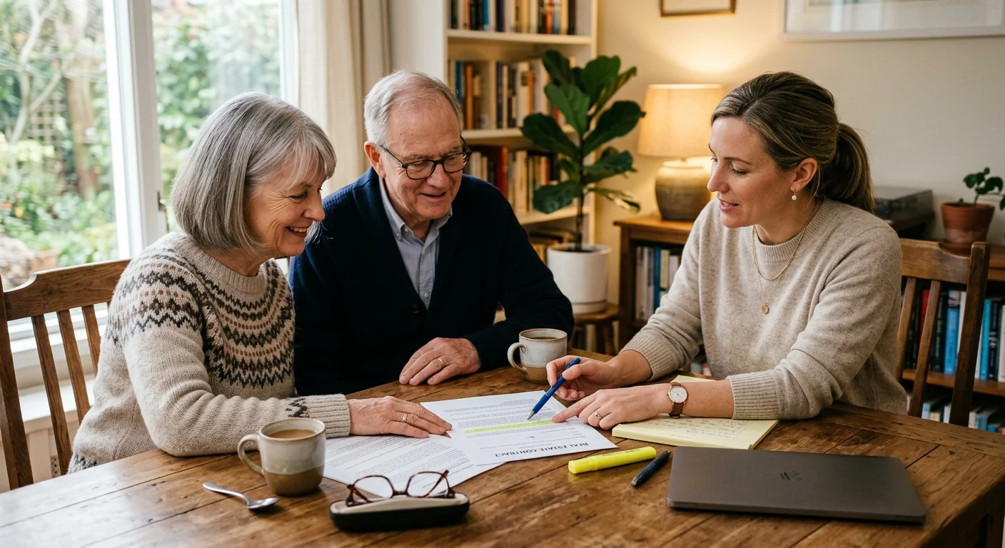 An older couple consulting with a professional real estate expert at a warm dining table with documents and coffee.