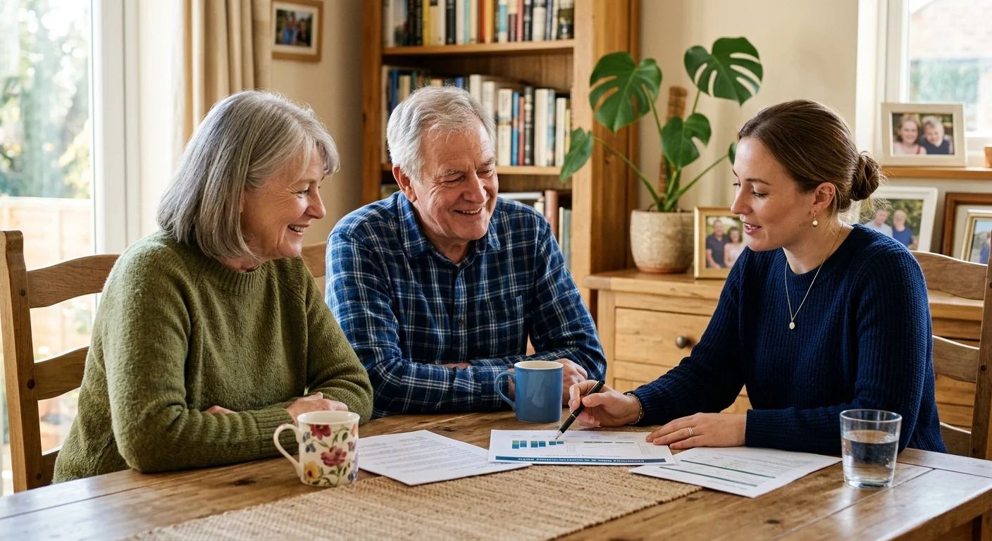 An older couple consults with a financial advisor at their dining room table, reviewing paperwork together in a warm home setting.