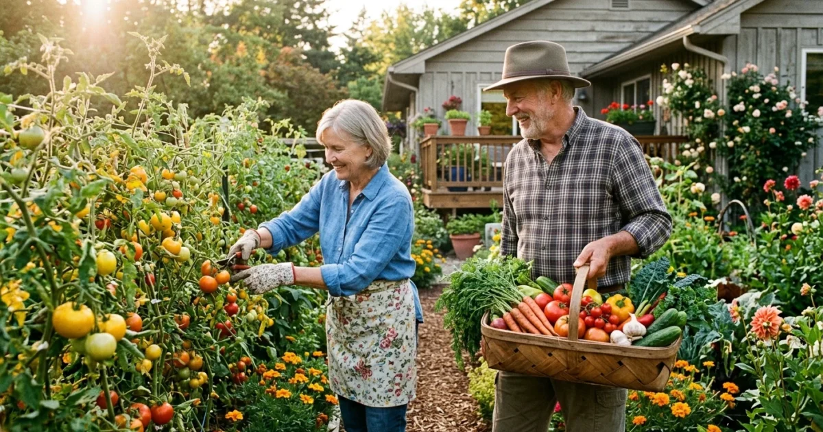 An older couple gathers a diverse harvest of garden vegetables in warm afternoon light, symbolizing a diversified retirement.