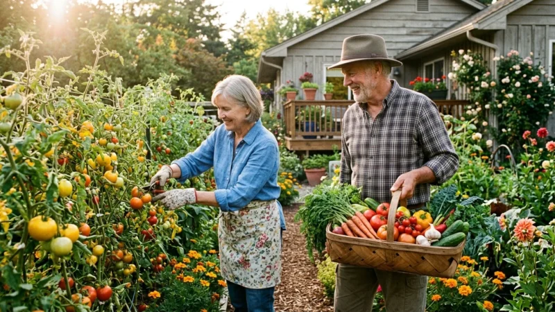 An older couple gathers a diverse harvest of garden vegetables in warm afternoon light, symbolizing a diversified retirement.