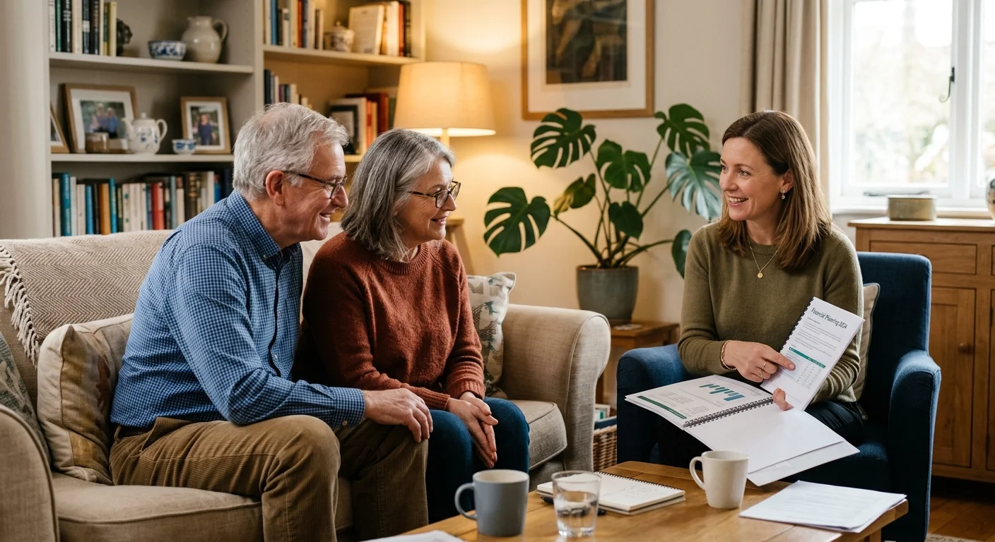 An older couple has a relaxed, professional consultation with a financial advisor in a comfortable, warm living room setting.