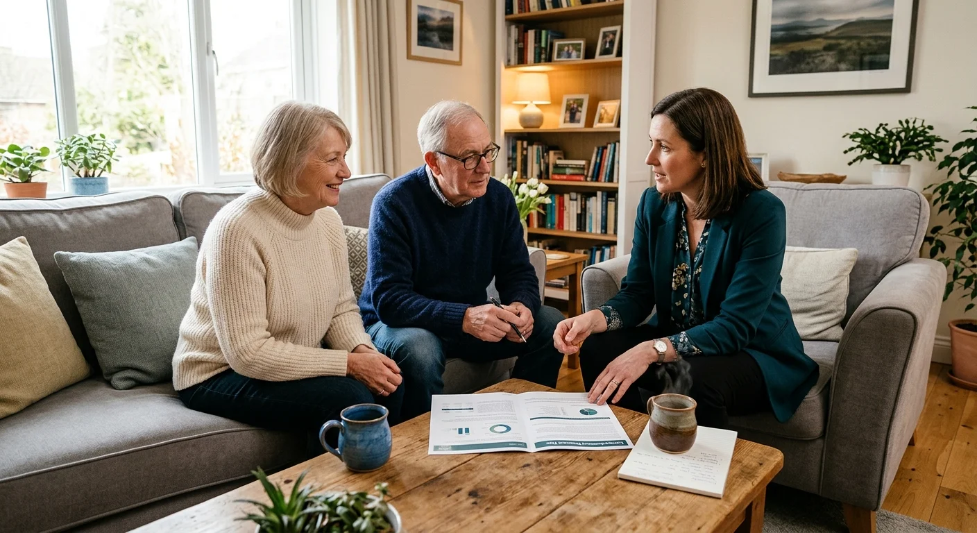 An older couple in casual sweaters comfortably reviews a plan with an advisor around a wooden coffee table in their home.