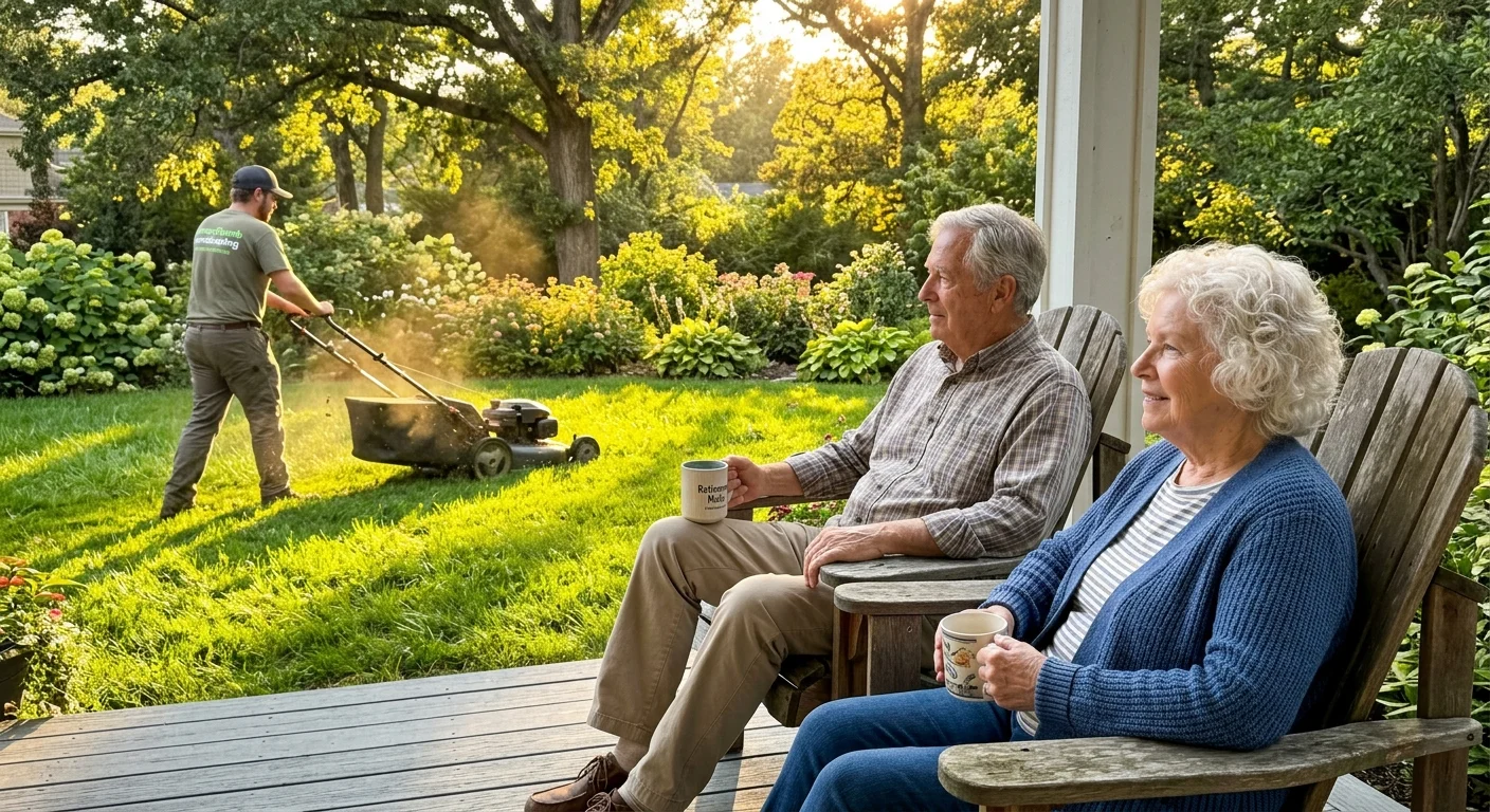 An older couple relaxing on their porch while a professional landscaping service mows their lawn.