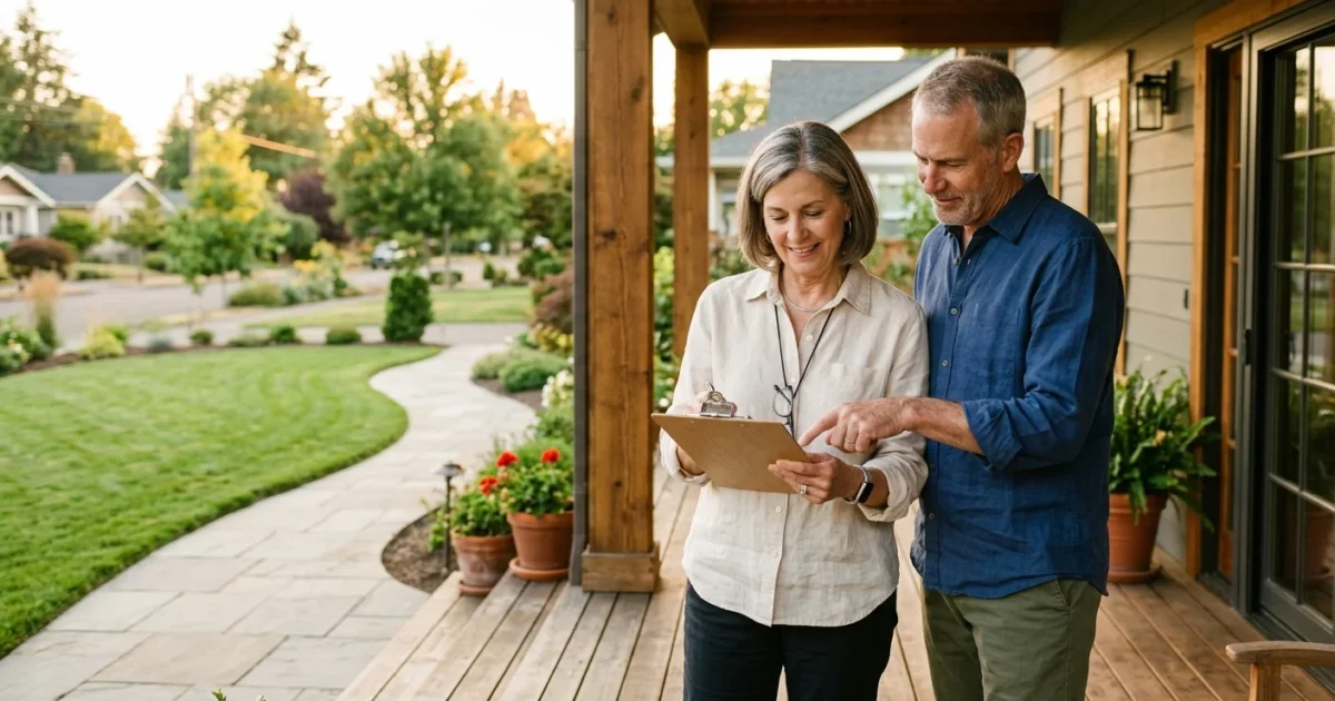 An older couple reviewing a document on a sunny porch of a modern home in a peaceful, manicured community.
